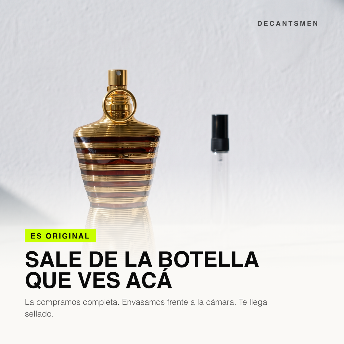 El decant de Le Male Elixir sale de esta botella original de Jean Paul Gaultier de 125 ml